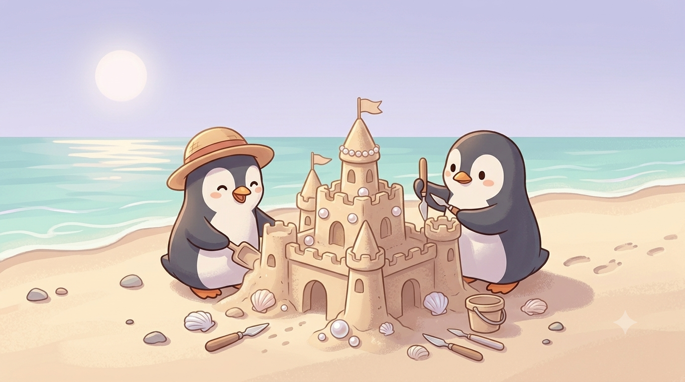 Friends building sandcastles together on a sunset beach